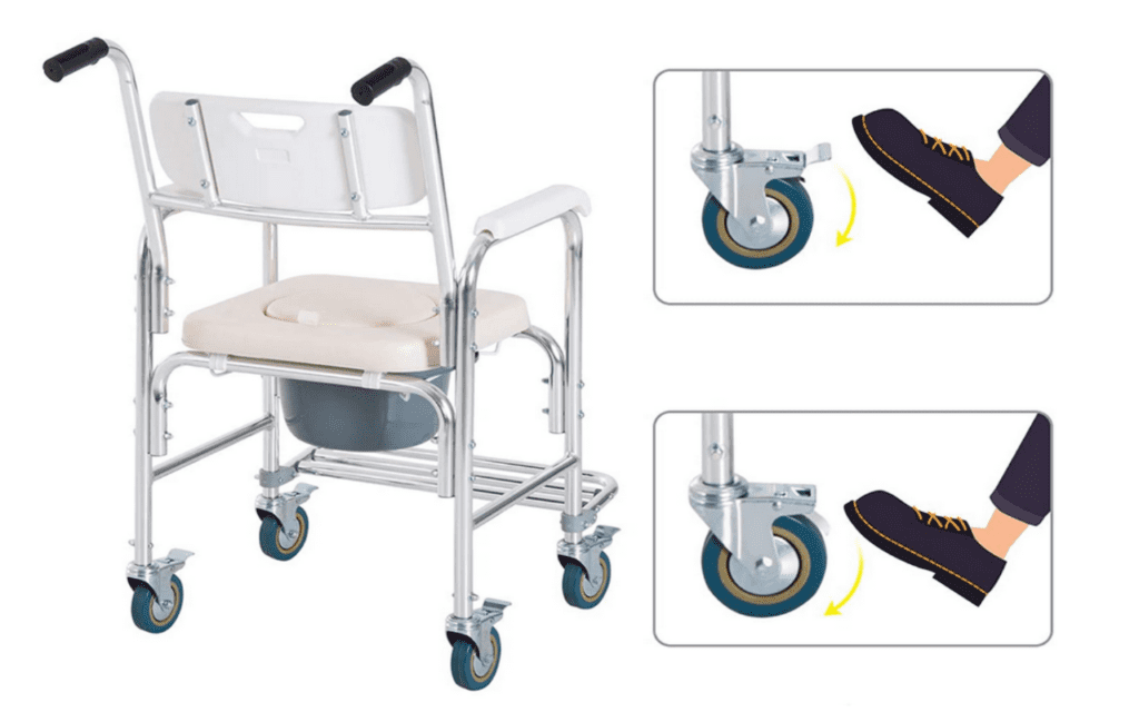 Cadeira de aluminio com rodas para duche e com bacio